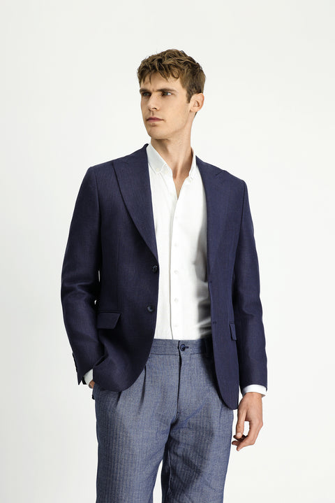 Koyu Lacivert 7 Drop Slim Fit Dar Kesim Yünlü Keten Karışımlı Klasik Ceket