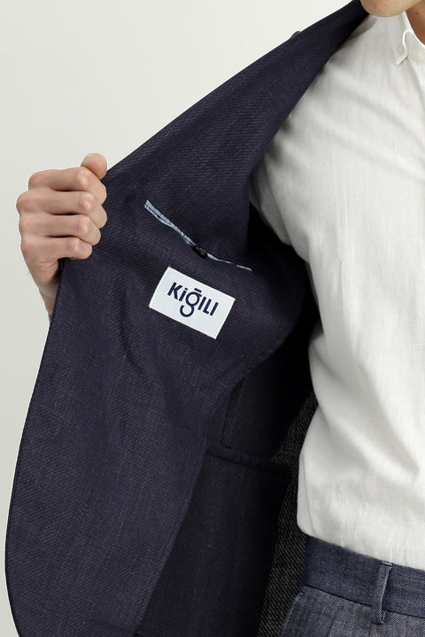 Koyu Lacivert 7 Drop Slim Fit Dar Kesim Yünlü Keten Karışımlı Klasik Ceket