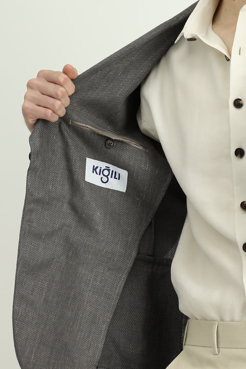 Koyu Antrasit 7 Drop Slim Fit Dar Kesim Yünlü Keten Karışımlı Klasik Ceket