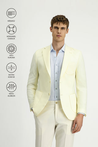  Krem Techno-Line 7 Drop Slim Fit Dar Kesim Likralı Ceket