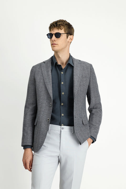 Dark Gray 4-Drop Relaxed Fit Wool Patterned Jacket