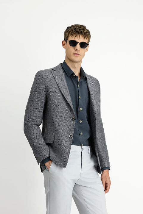 Dark Gray 4-Drop Relaxed Fit Wool Patterned Jacket