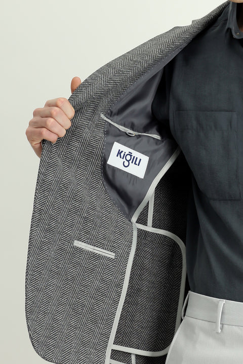 Dark Gray 8 Drop Muscle Fit Long Athletic Cut Wool Patterned Jacket