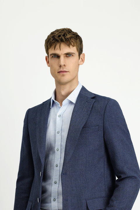 Dark Navy 4-Drop Relaxed Fit Wool Patterned Jacket