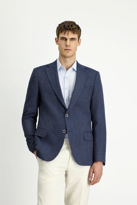 Dark Navy 6 Drop Regular Fit Standard Cut Wool Patterned Jacket