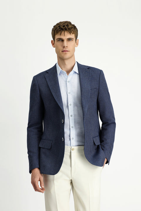 Dark Navy 8 Drop Muscle Fit Long Athletic Cut Wool Patterned Jacket