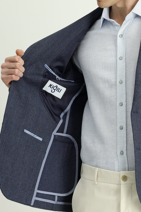 Dark Navy 8 Drop Muscle Fit Long Athletic Cut Wool Patterned Jacket