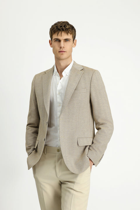 Light Beige 8 Drop Muscle Fit Long Athletic Cut Wool Patterned Jacket