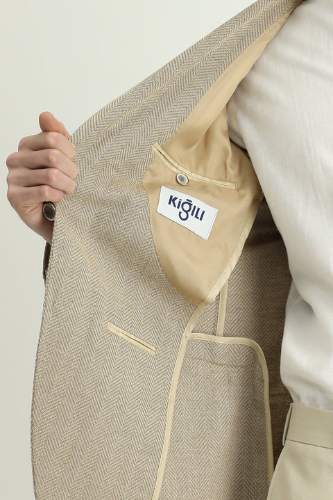 Light Beige 8 Drop Muscle Fit Long Athletic Cut Wool Patterned Jacket