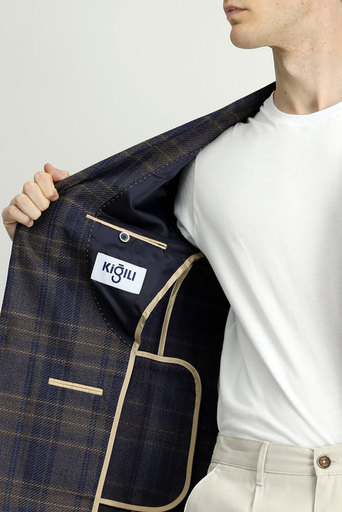 Dark Navy 6 Drop Regular Fit Plaid Wool Jacket