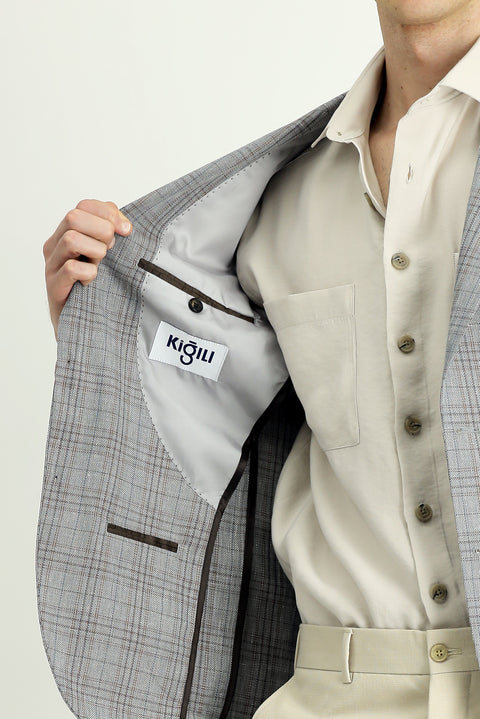 Dark Gray 6 Drop Regular Fit Standard Cut Wool Linen Blend Plaid Sport Jacket