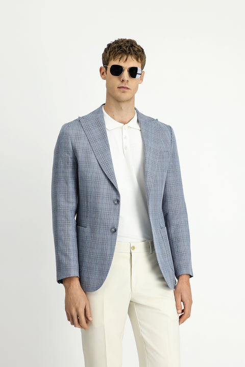 Blue 6 Drop Regular Fit Standard Cut Wool Linen Blend Plaid Sport Jacket