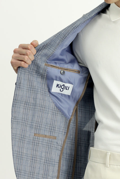 Blue 6 Drop Regular Fit Standard Cut Wool Linen Blend Plaid Sport Jacket
