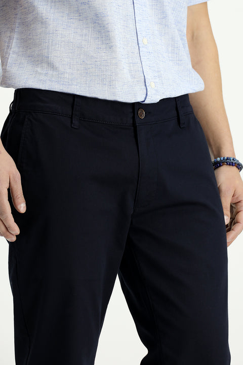 Dark Navy Blue Slim Fit Elasticated Waist Stretchy Canvas / Chino Trousers