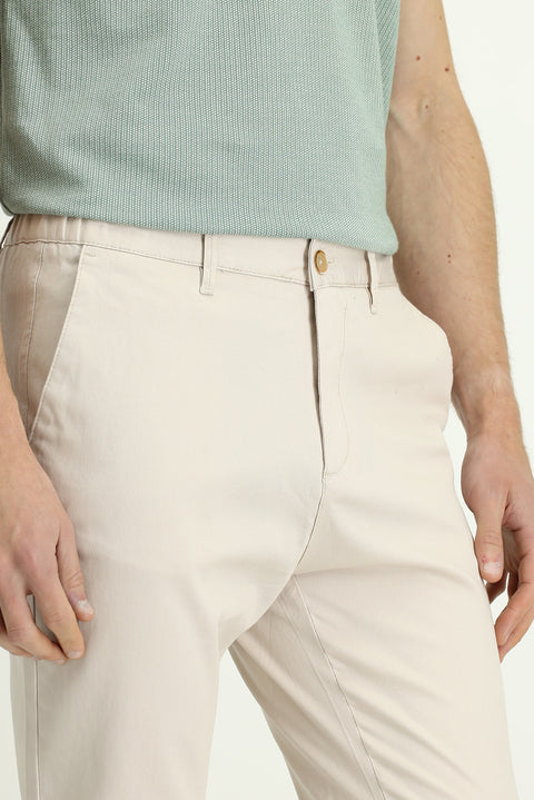 Cream Slim Fit Skinny Elasticated Waist Stretchy Canvas / Chino Trousers