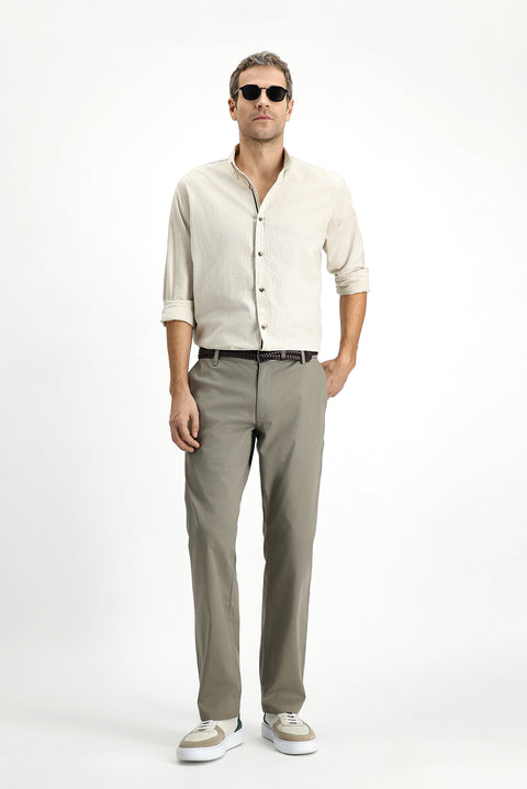 Orta Haki Slim Fit Dar Kesim Beli Lastikli Likralı Kanvas / Chino Pantolon