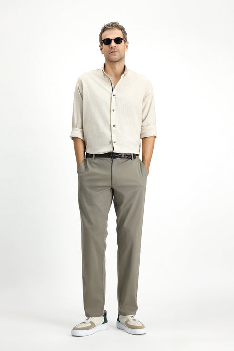 Orta Haki Slim Fit Dar Kesim Beli Lastikli Likralı Kanvas / Chino Pantolon