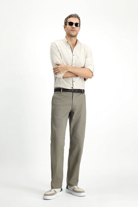 Orta Haki Slim Fit Dar Kesim Beli Lastikli Likralı Kanvas / Chino Pantolon