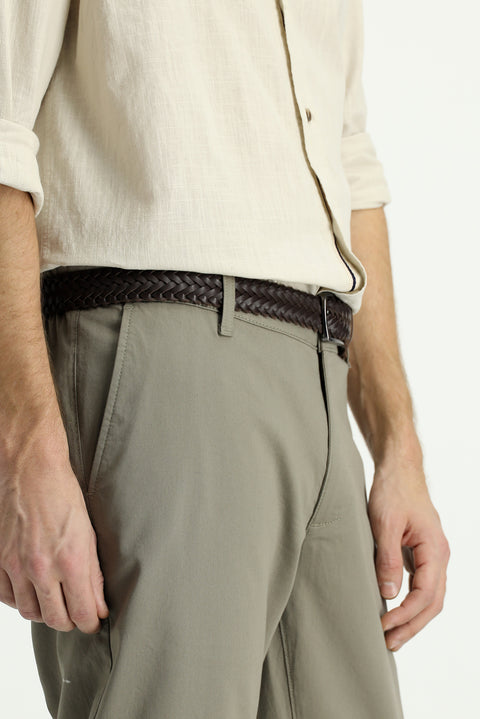 Orta Haki Slim Fit Dar Kesim Beli Lastikli Likralı Kanvas / Chino Pantolon