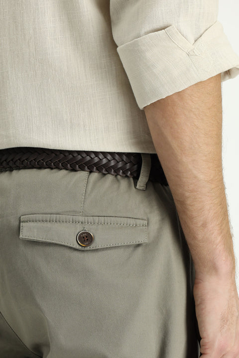 Orta Haki Slim Fit Dar Kesim Beli Lastikli Likralı Kanvas / Chino Pantolon