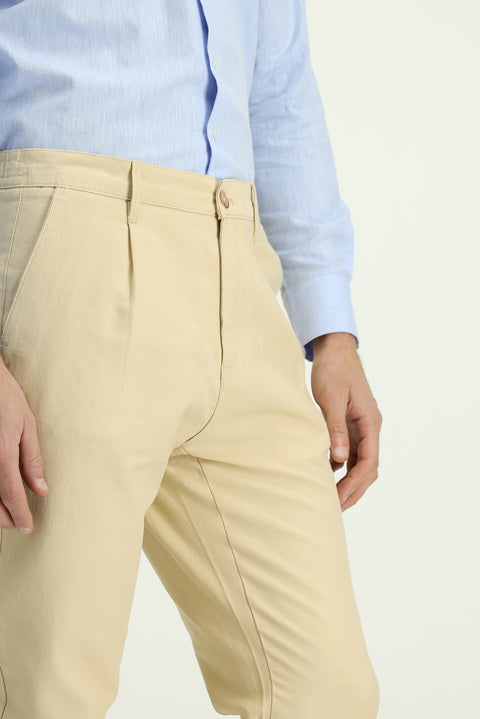 Medium Beige Regular Fit Standard Cut Cotton Canvas / Chino Trousers