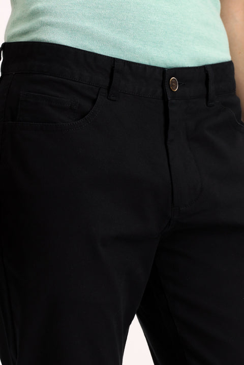 Black Regular Fit Standard Cut Lycra Canvas / Chino Trousers