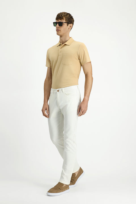 Ecru Regular Fit Standard Cut Lycra Canvas / Chino Trousers