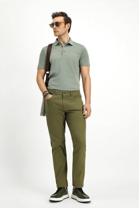 Khaki Regular Fit Standard Cut Lycra Canvas / Chino Pants
