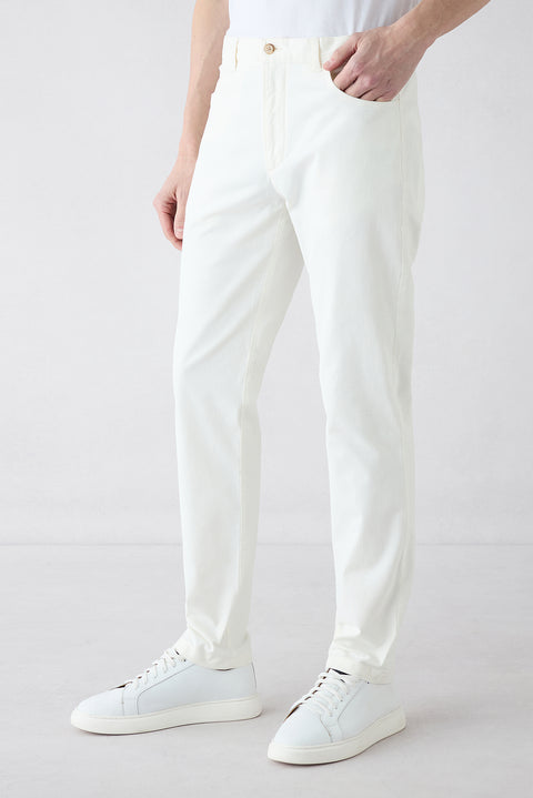 Ekru Slim Fit Dar Kesim Likralı Yandan Cepli Kanvas / Chino Pantolon