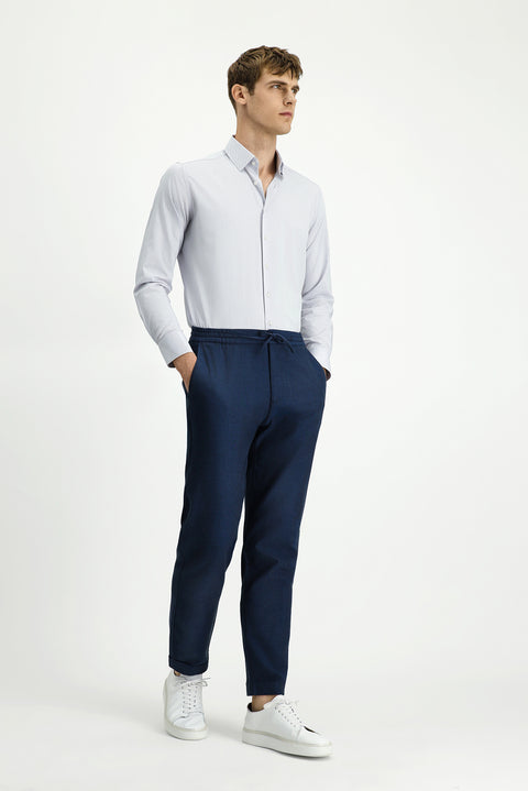 Dark Navy Slim Fit Skinny Patterned Elasticated Waist Drawstring Stretchy Jogger Pants