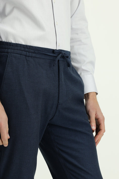 Dark Navy Slim Fit Skinny Patterned Elasticated Waist Drawstring Stretchy Jogger Pants