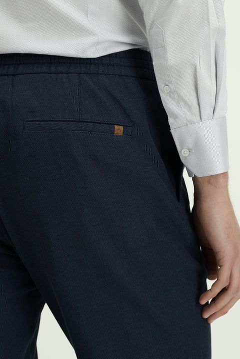 Dark Navy Slim Fit Skinny Patterned Elasticated Waist Drawstring Stretchy Jogger Pants