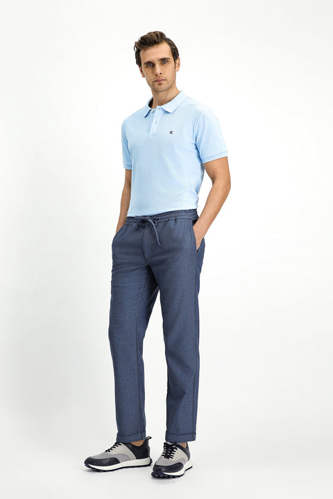 Dark Blue Slim Fit Narrow Cut Patterned Elasticated Waist Drawstring Lycra Jogger Pants