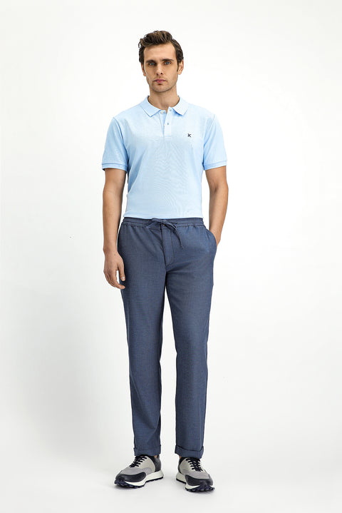 Dark Blue Slim Fit Narrow Cut Patterned Elasticated Waist Drawstring Lycra Jogger Pants