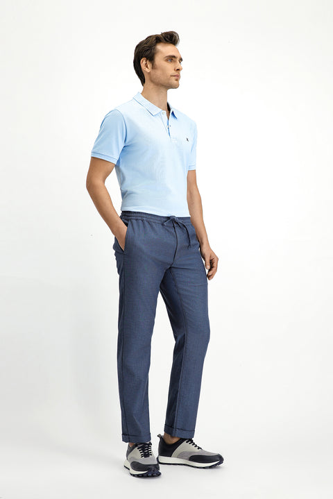 Dark Blue Slim Fit Narrow Cut Patterned Elasticated Waist Drawstring Lycra Jogger Pants