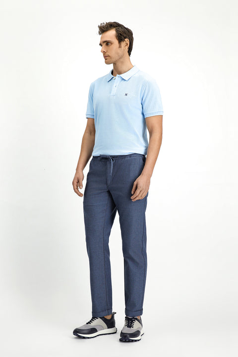 Dark Blue Slim Fit Narrow Cut Patterned Elasticated Waist Drawstring Lycra Jogger Pants