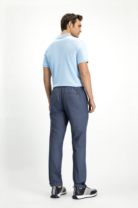 Dark Blue Slim Fit Narrow Cut Patterned Elasticated Waist Drawstring Lycra Jogger Pants