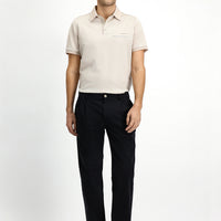 Black Regular Fit Standard Cut Lycra Elasticated Waist Drawstring Pleated Trousers