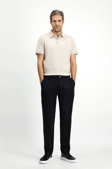 Black Regular Fit Standard Cut Lycra Elasticated Waist Drawstring Pleated Trousers
