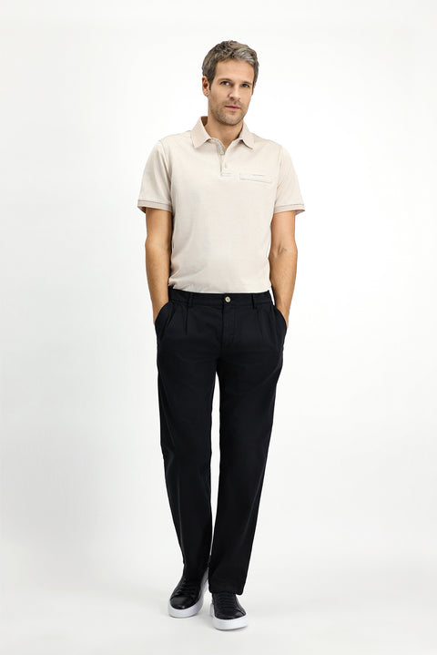 Black Regular Fit Standard Cut Lycra Elasticated Waist Drawstring Pleated Trousers