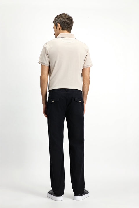 Black Regular Fit Standard Cut Lycra Elasticated Waist Drawstring Pleated Trousers