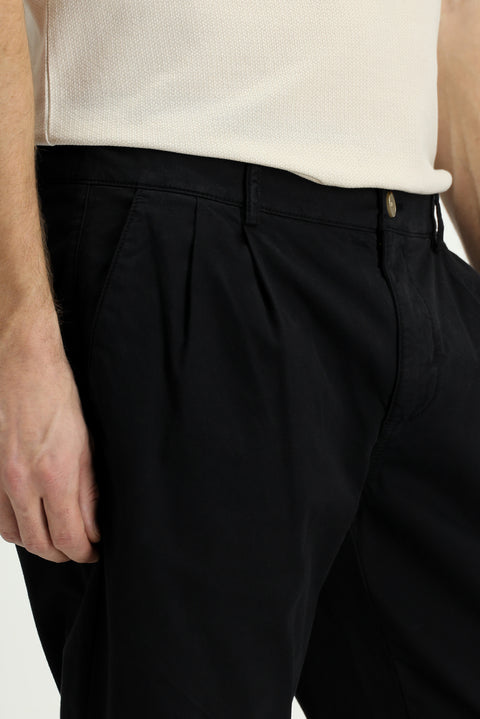Black Regular Fit Standard Cut Lycra Elasticated Waist Drawstring Pleated Trousers