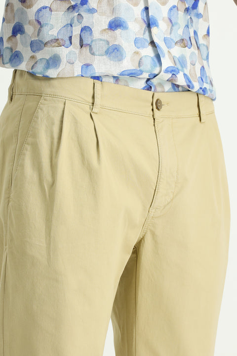 Light Beige Regular Fit Standard Cut Elasticated Waist Drawstring Pleated Trousers