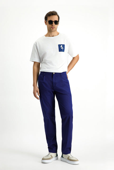 Mid Navy Regular Fit Standard Cut Lycra Canvas / Chino Trousers