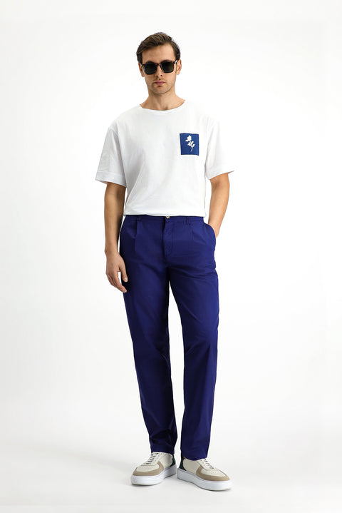 Mid Navy Regular Fit Standard Cut Lycra Canvas / Chino Trousers