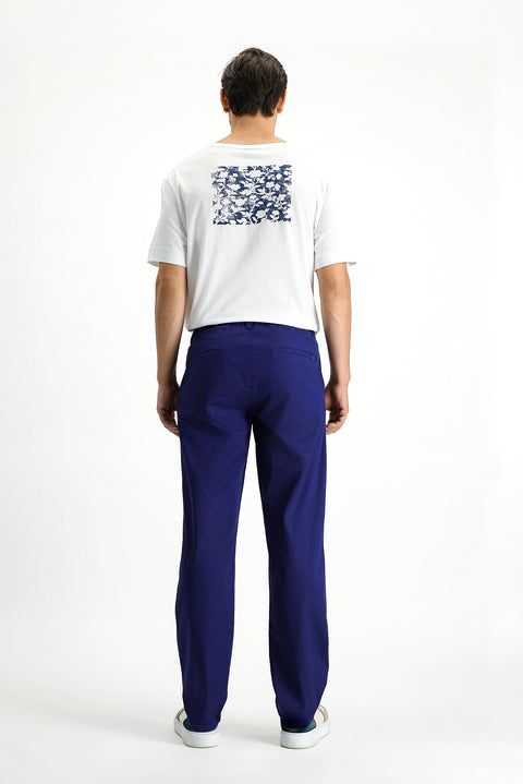 Mid Navy Regular Fit Standard Cut Lycra Canvas / Chino Trousers