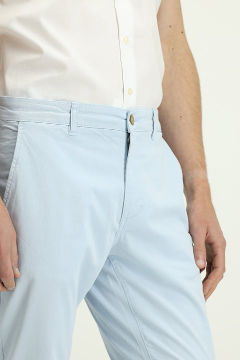 Sky Blue Regular Fit Standard Cut Lycra Canvas / Chino Trousers
