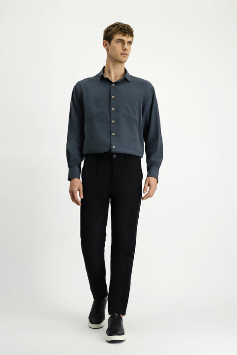 Black Slim Fit Narrow Cut Elasticated Waist Lyocell Canvas / Chino Trousers
