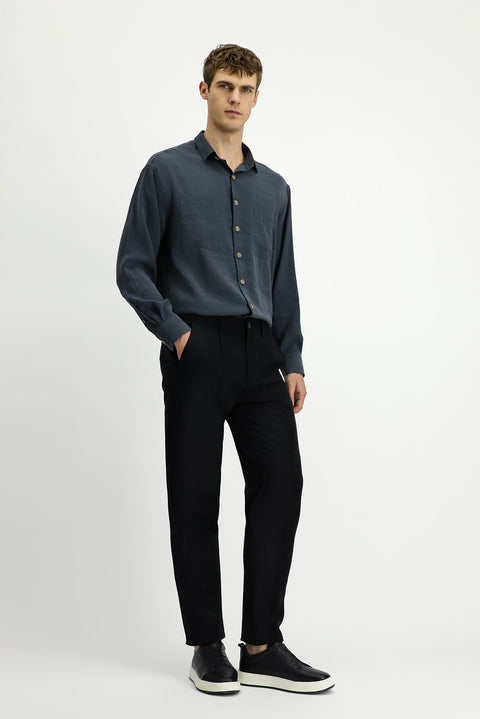 Black Slim Fit Narrow Cut Elasticated Waist Lyocell Canvas / Chino Trousers