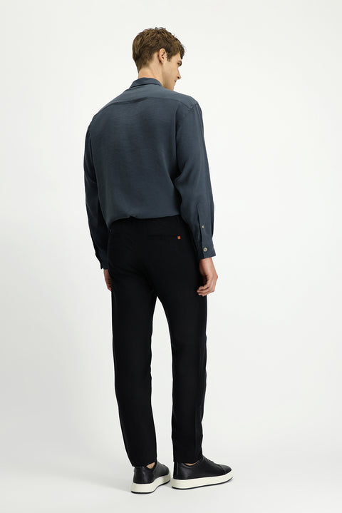 Black Slim Fit Narrow Cut Elasticated Waist Lyocell Canvas / Chino Trousers
